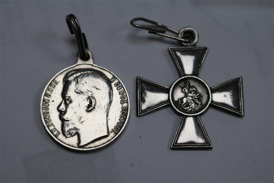 A Russian silver St George Cross no.413373 and Medal no.24124